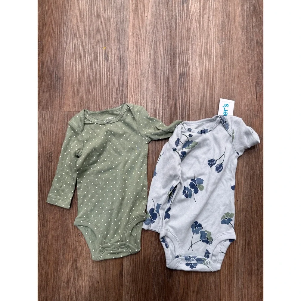 Carters Baby Girls 2PK Long Sleeve Bodysuits Green Polka Dot Blue Floral 3M NEW
